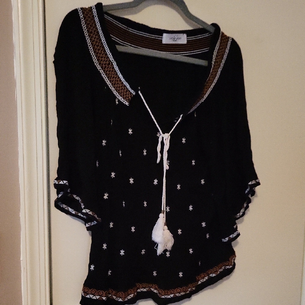 Carly Jean Black Boho Embroidered Blouse